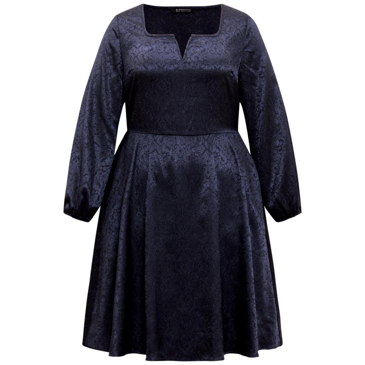 Plus Size Plain Textured Notched Lantern Sleeve Dress Indigo Women Glamour Elastic cuffs Notched collar Long Sleeve Curvy Knee Dress BloomChic 18-20/2X Product Image