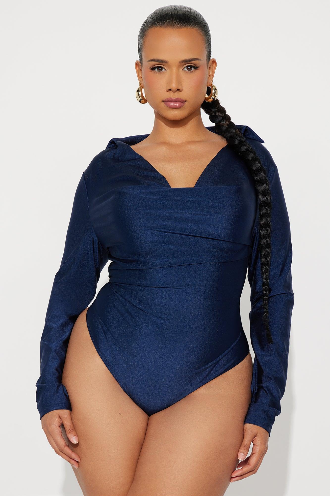 Only Source Long Sleeve Cowl Neck Bodysuit - Navy Product Image