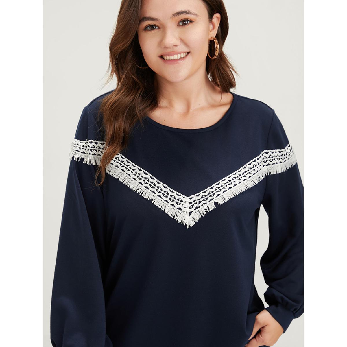 Plus Size Plain Round Neck Contrast Lace Drop Shoulder Sweatshirt Women Midnight Casual Contrast Round Neck Dailywear Sweatshirts BloomChic 22-24/3X Product Image