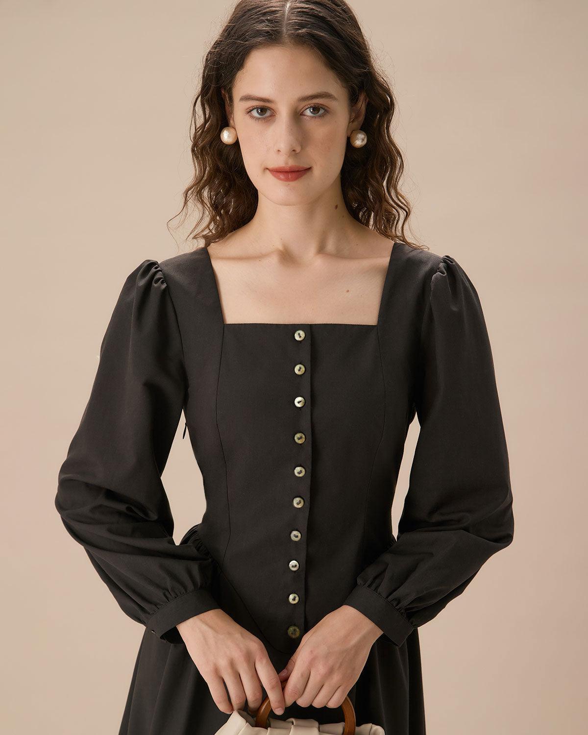 Black Square Neck Puffed Sleeve Midi Dress Product Image