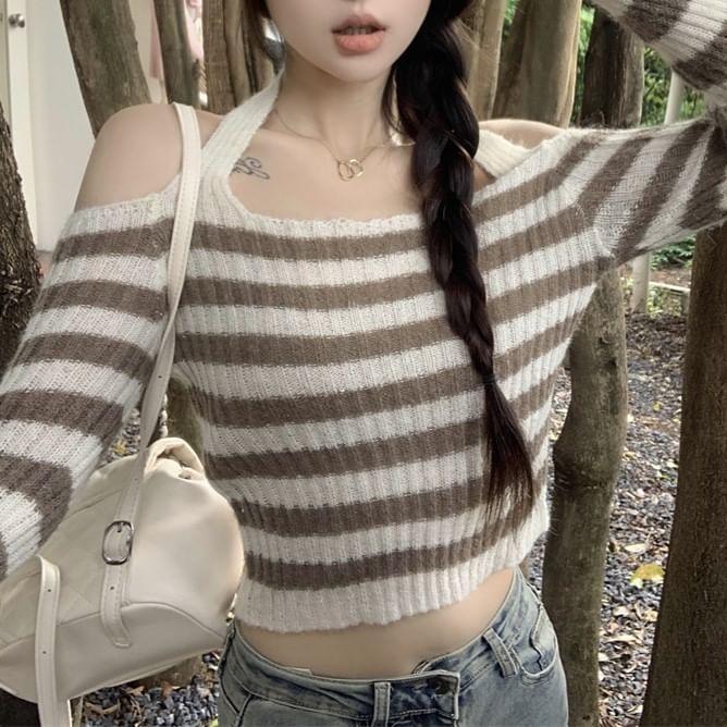 Cold Shoulder Striped Crop Sweater Product Image