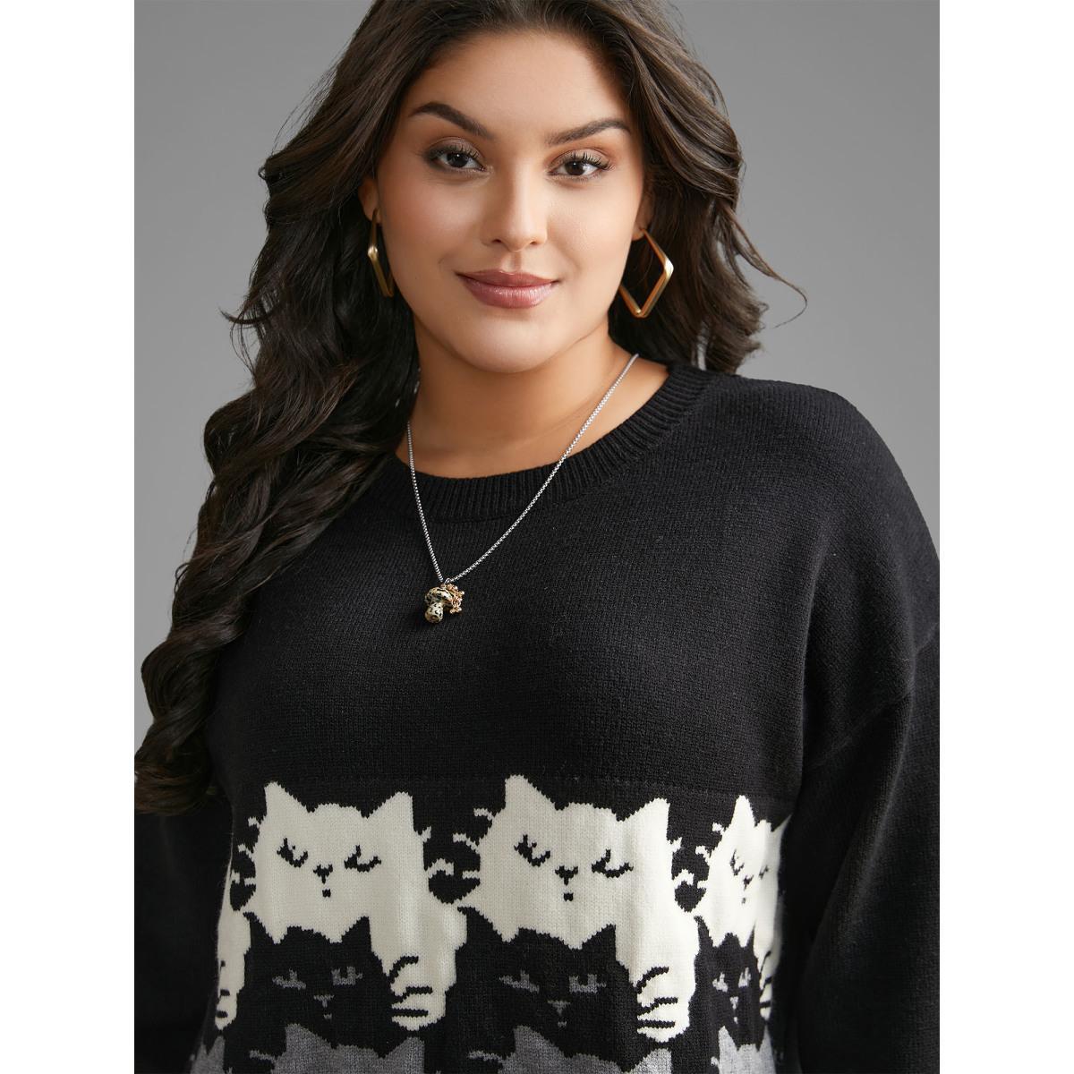 Plus Size Cat Contrast Drop Shoulder Pullover Black Women Casual Loose Long Sleeve Round Neck Everyday Pullovers BloomChic 10/M Product Image