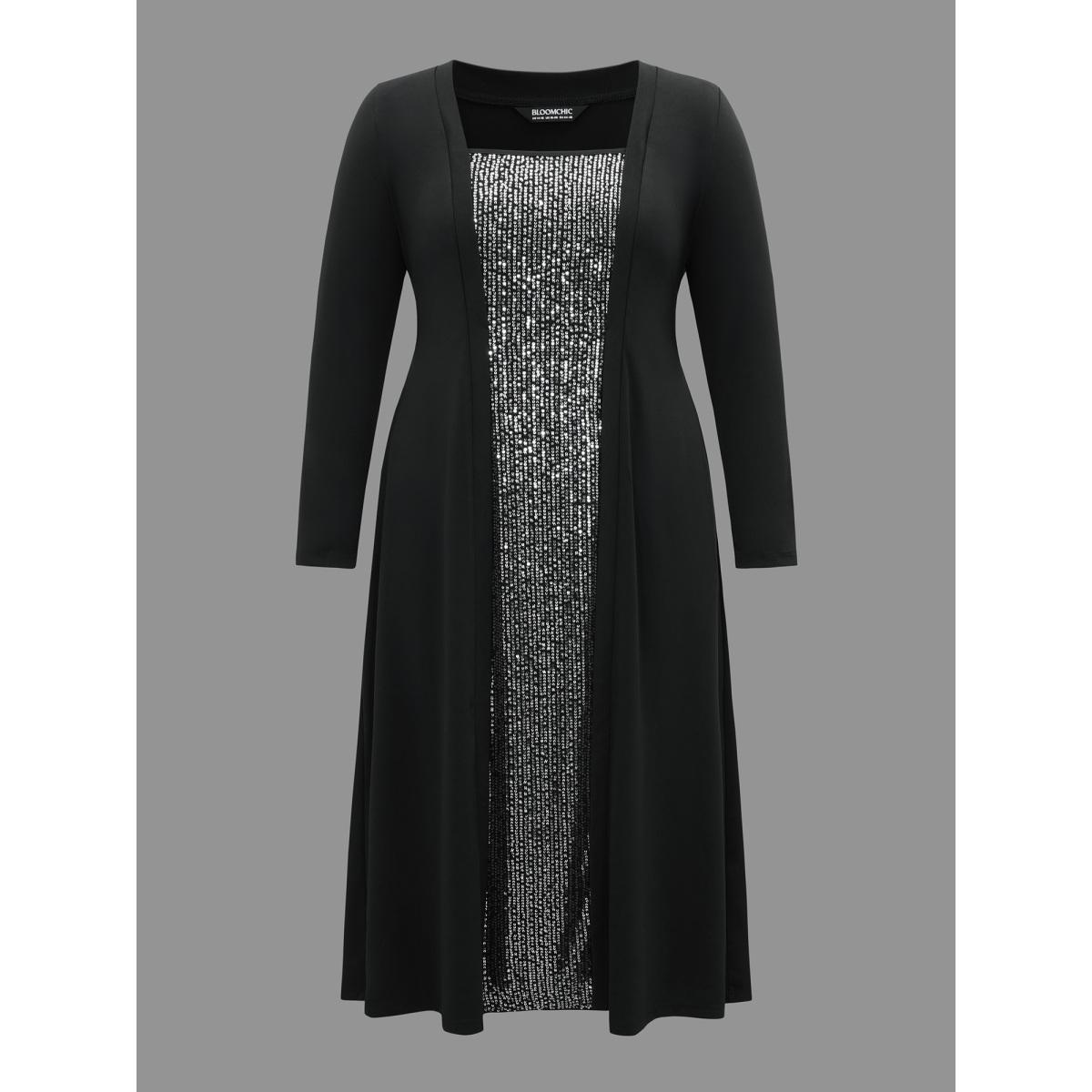 Plus Size Sequin Patchwork Elastic Waist Midi Dress Black Women Cocktail Texture Party Curvy Bloomchic 30/6X Product Image