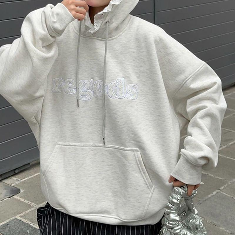 Drop Shoulder Embroidered Lettering Oversized Hoodie Product Image