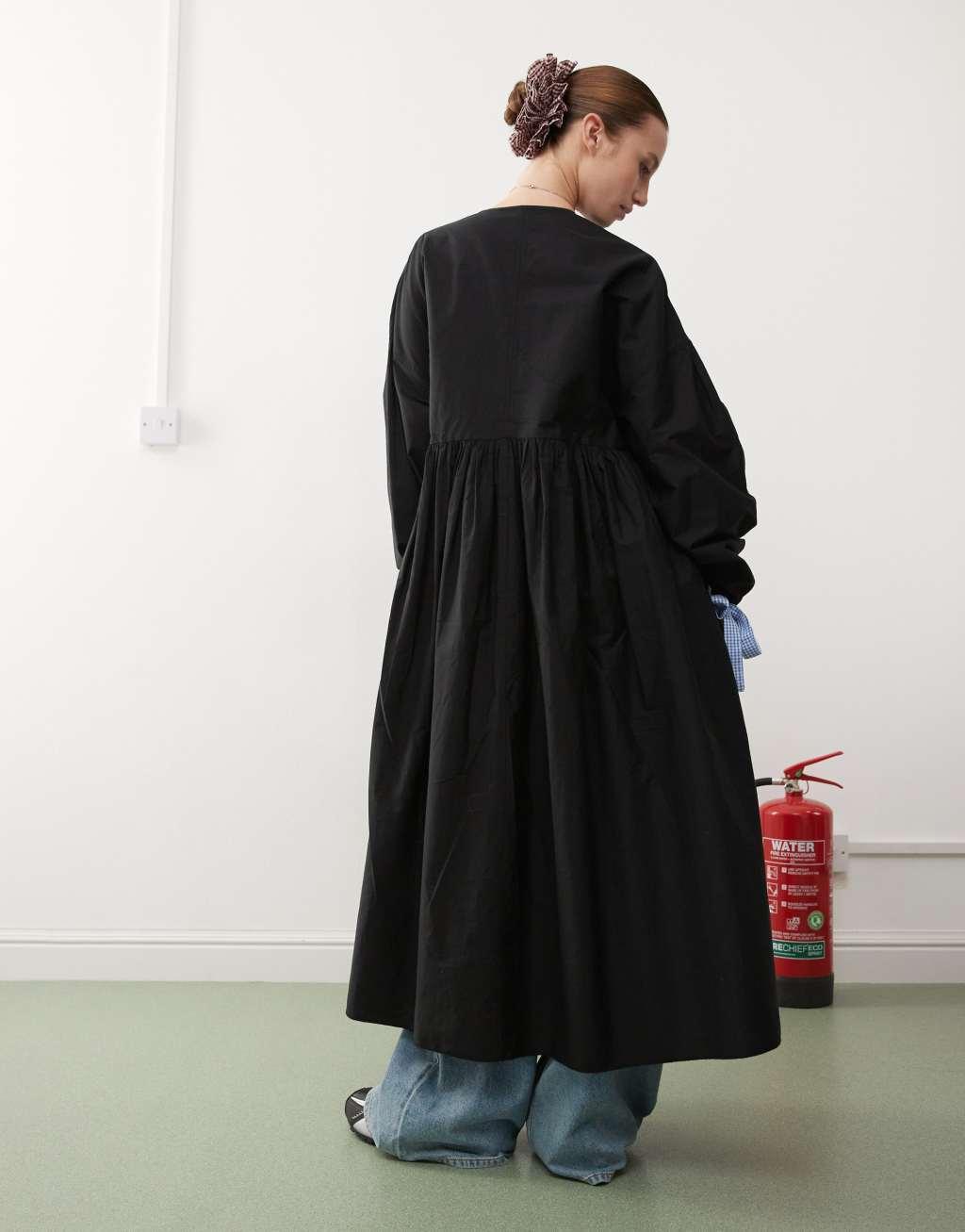 COLLUSION oversized wrap maxi smock dress with contrast gingham ties in black Product Image
