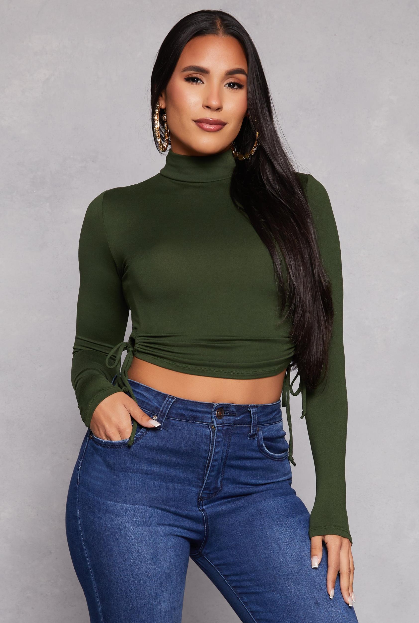 Womens Side Tie Mock Neck Long Sleeve Crop Top Product Image