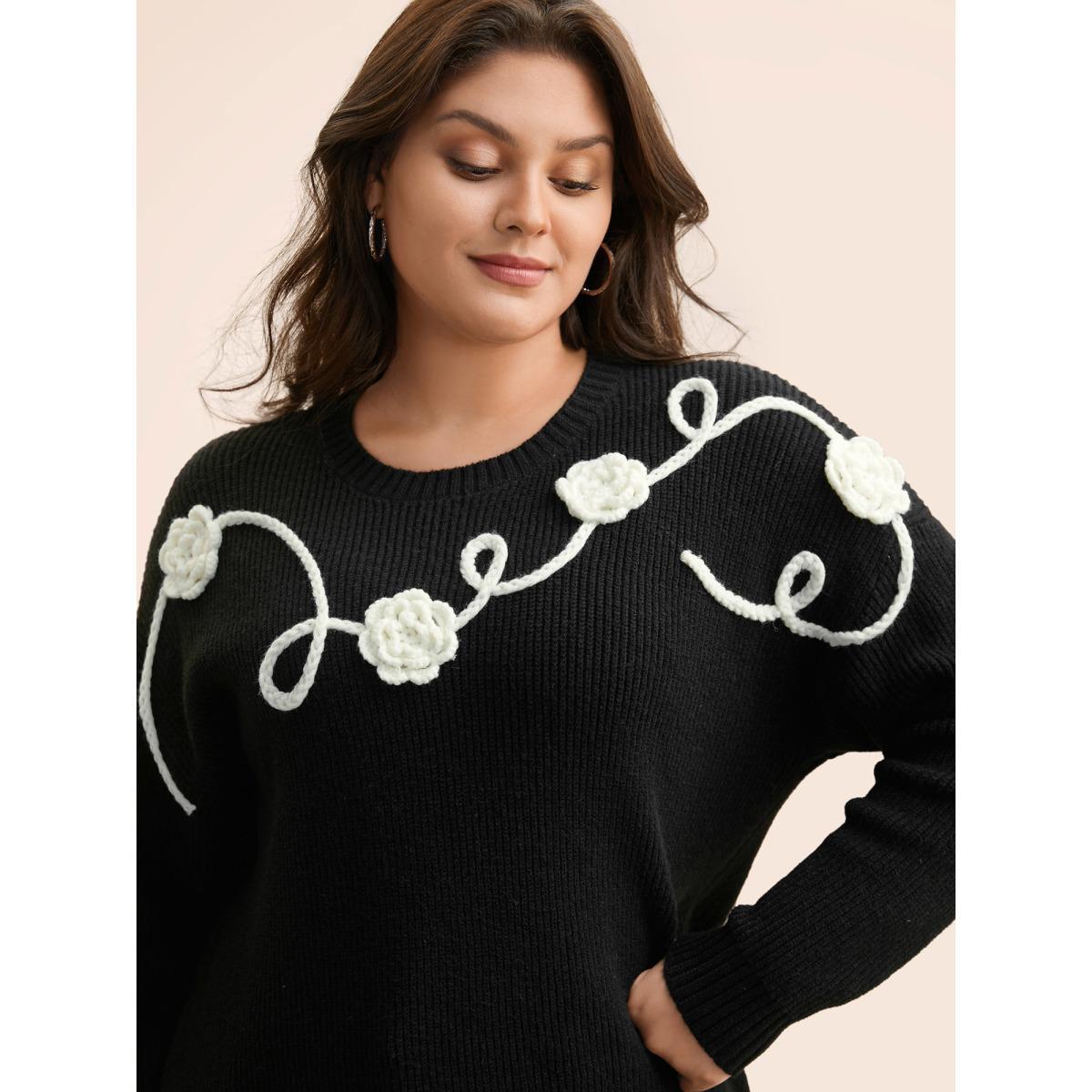 Plus Size Supersoft Essentials Crochet Floral Drop Shoulder Pullover Black Women Casual Loose Long Sleeve Round Neck Everyday Pullovers BloomChic 28/5X Product Image