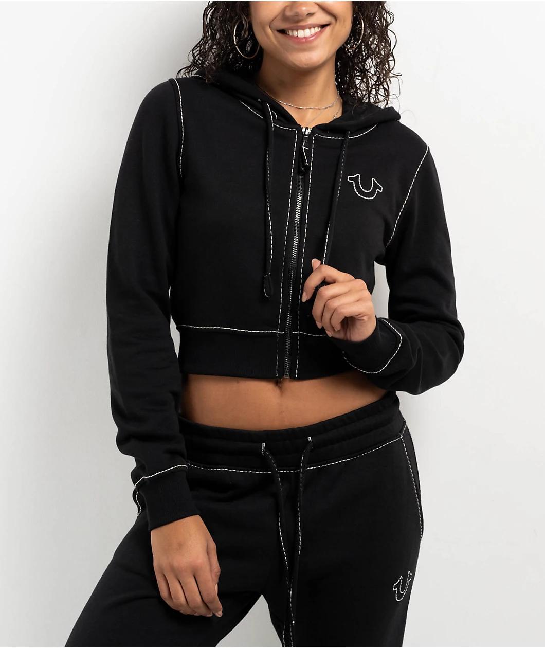 True Religion Big T Buddha Black Crop Zip Hoodie Product Image