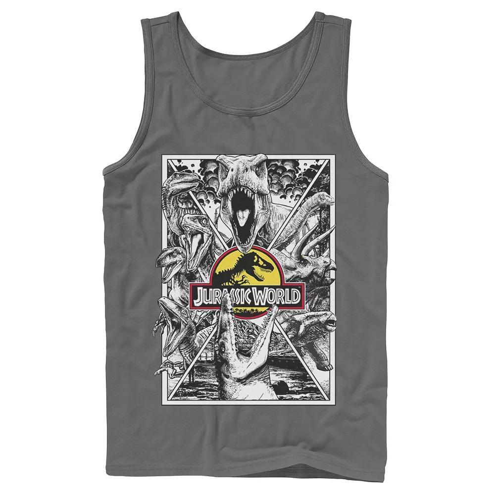 Men's Jurassic World Black and White Comic Dinos Graphic Tank Top, Size: XL, Grey Product Image