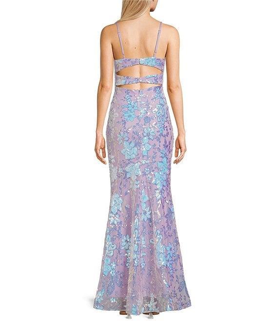Morgan & Co. Pattern Floral Sequin Bar Back Long Dress Product Image