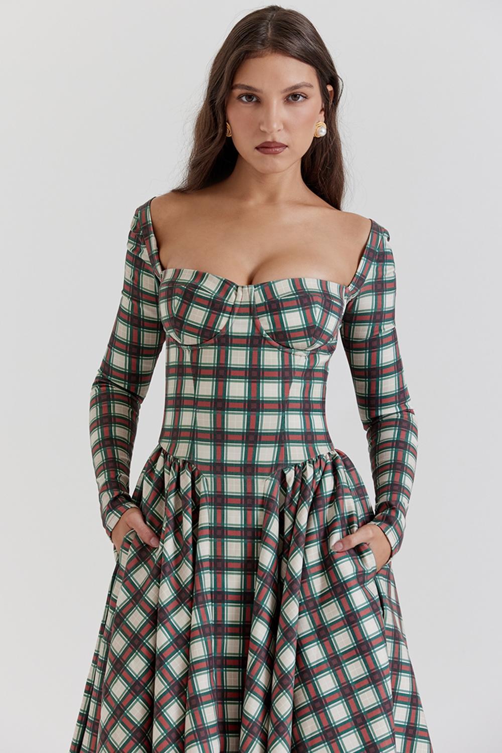 Eliza Red Tartan Corset Midi Dress Product Image