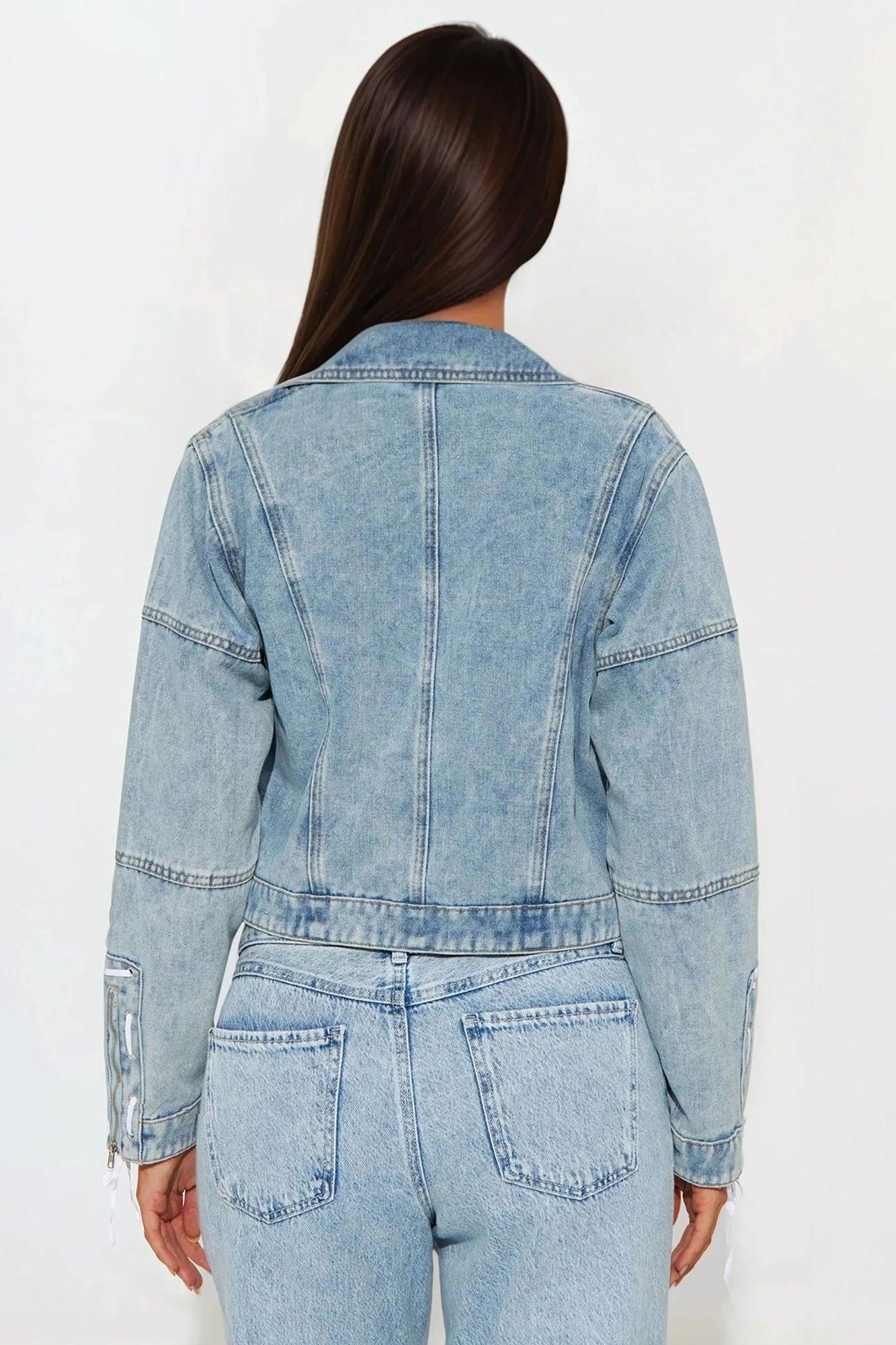 Mya Lace Up Denim Moto Jacket - Light Wash Product Image