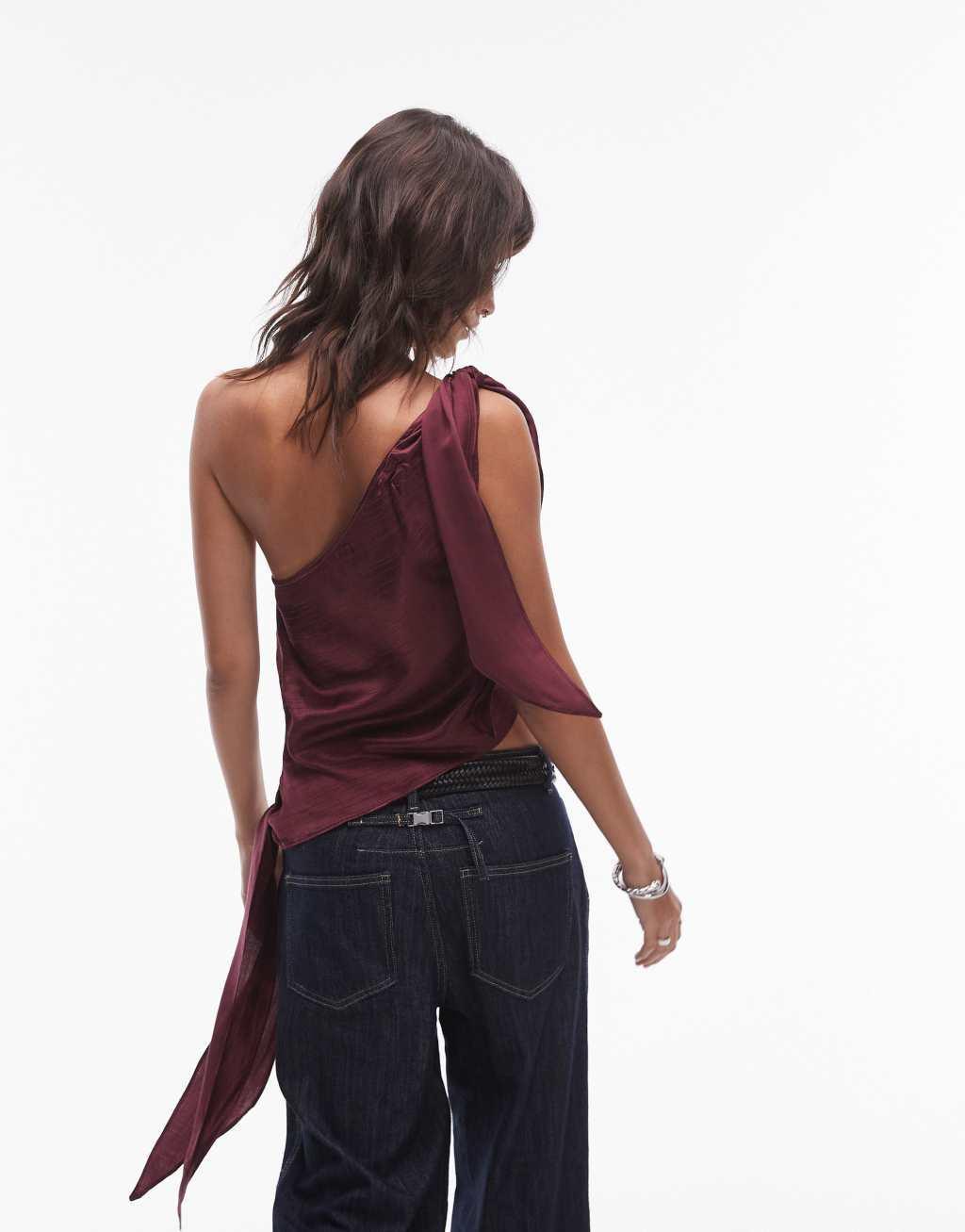 Topshop knot one shoulder top in burgundy  Product Image