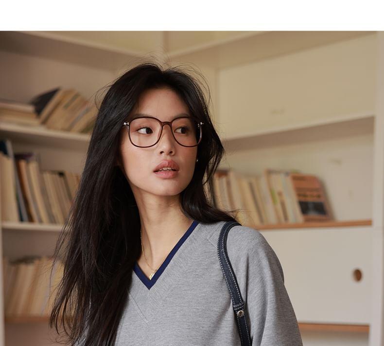 V-Neck Mock Two-Piece Contrast Trim Sweatshirt Product Image