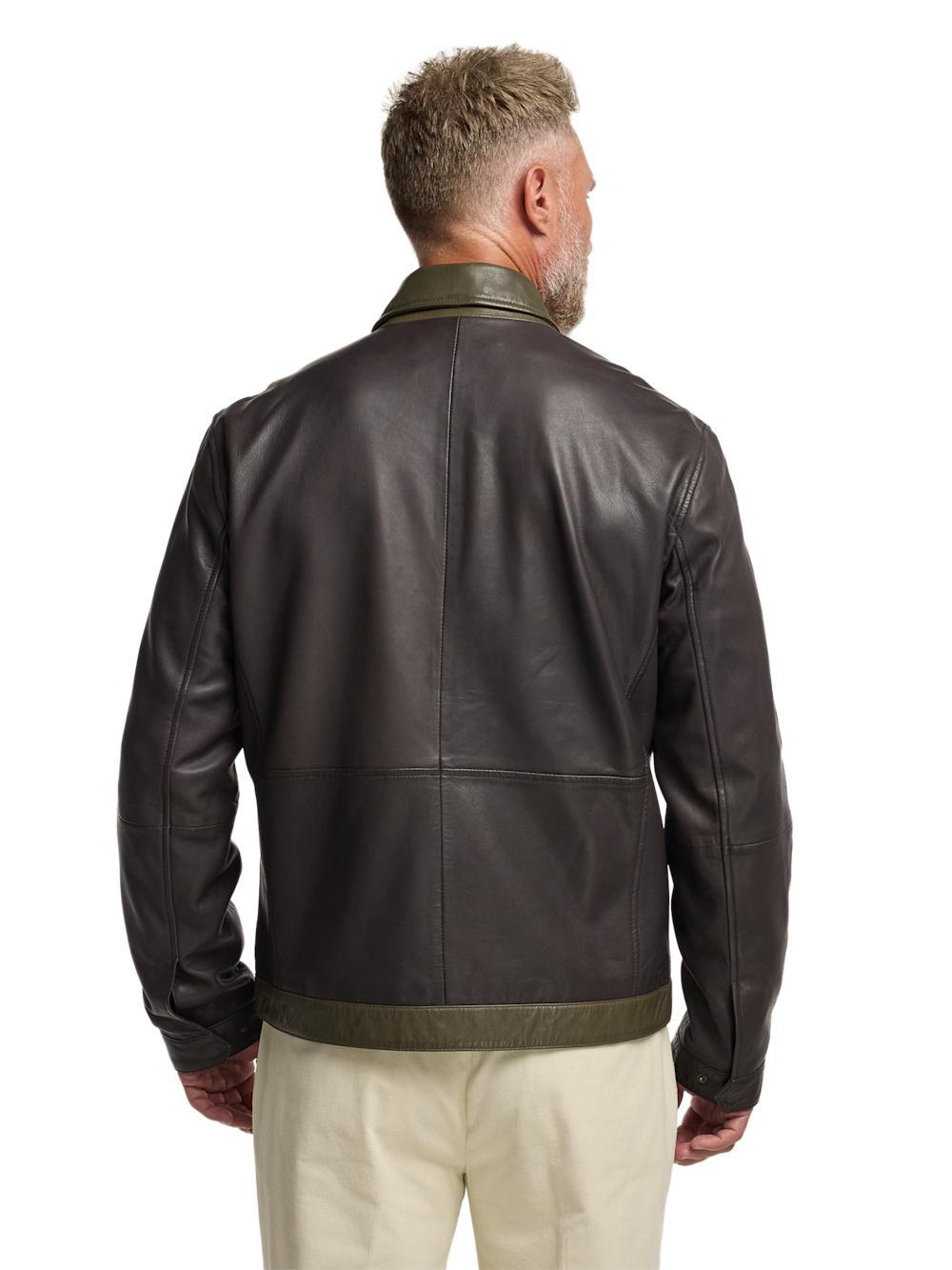 Leather Color Block Jacket - Dark Brown/olive Product Image