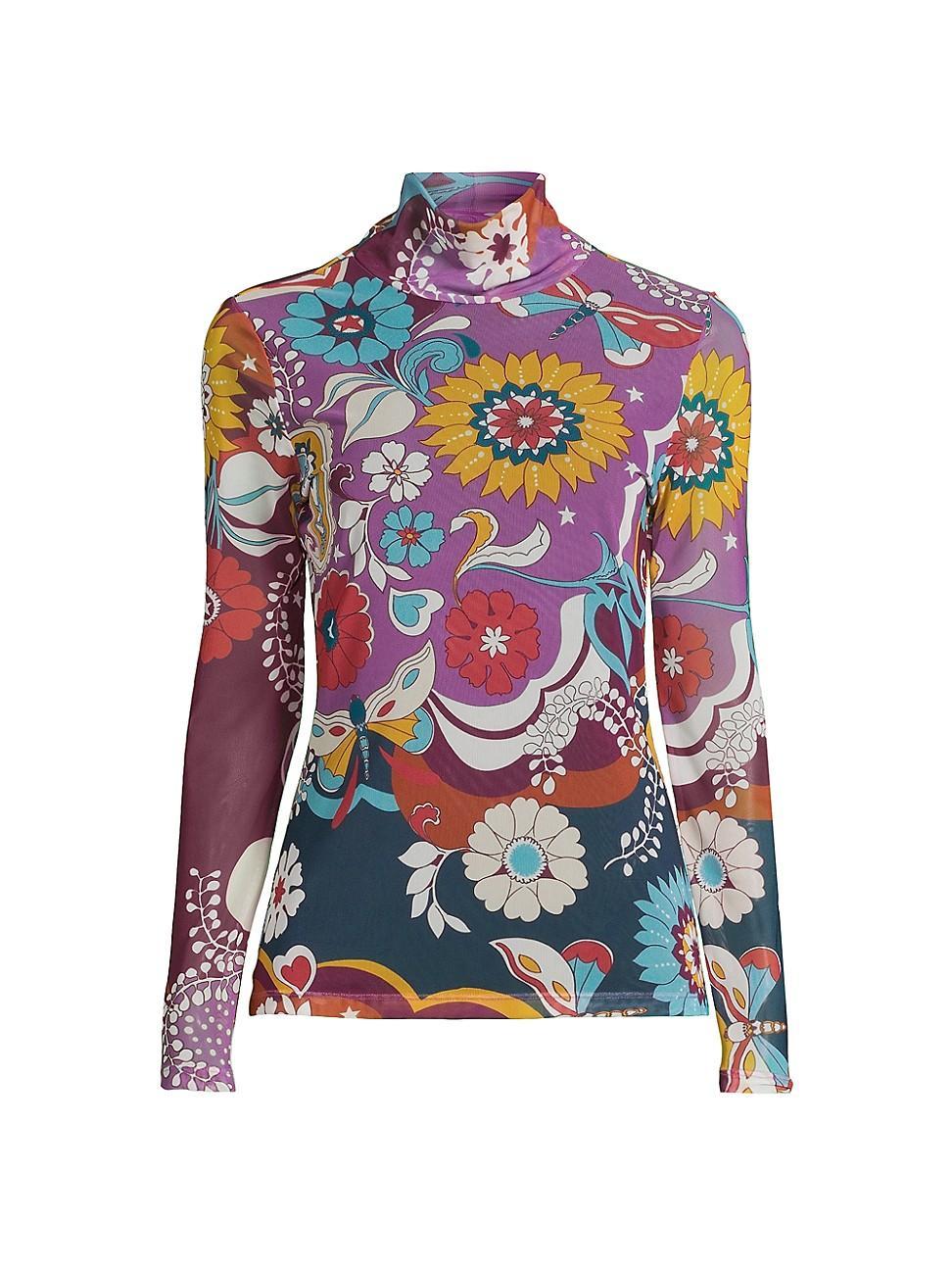 Womens Rebecca Floral Mesh Turtleneck Long-Sleeve T-Shirt Product Image