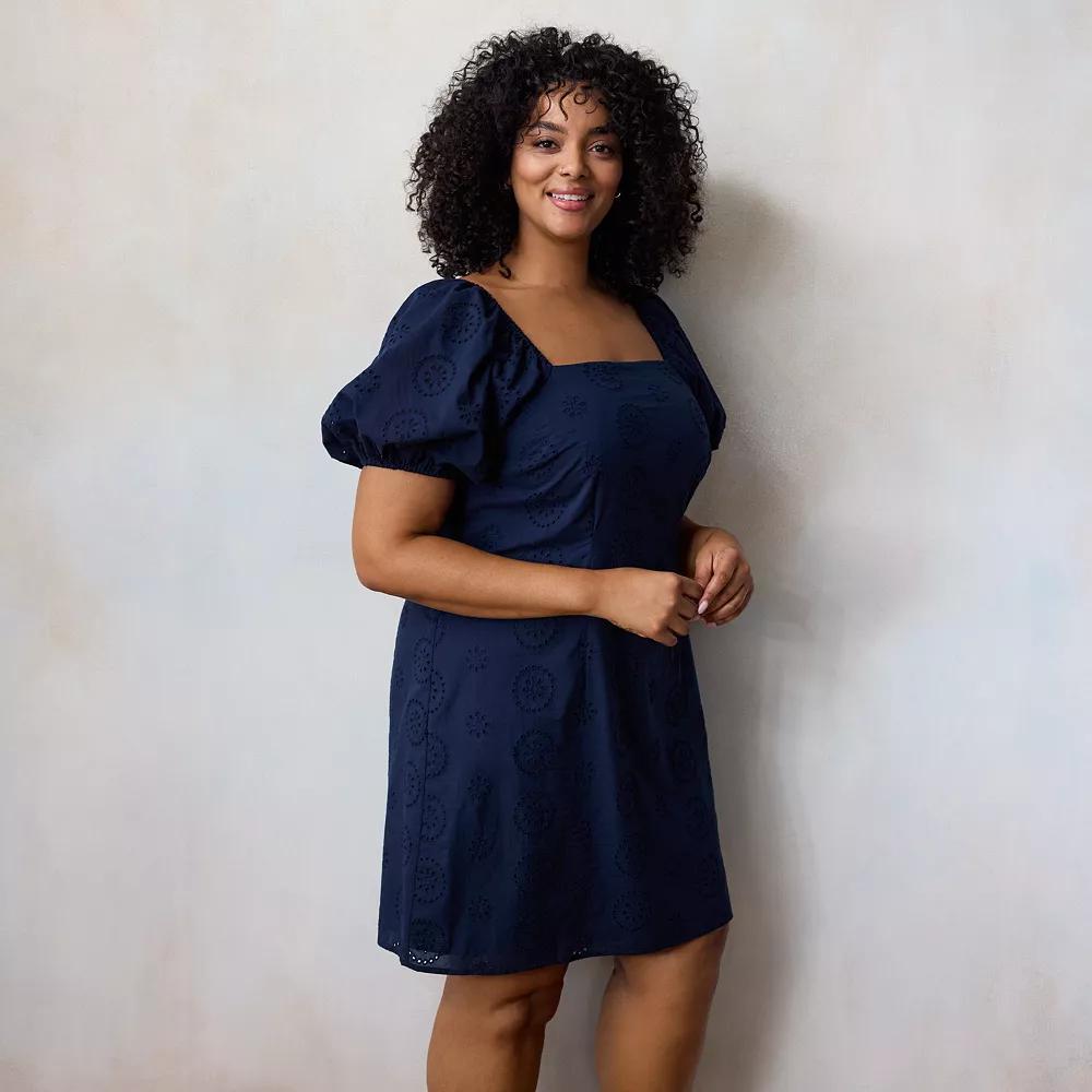 Plus Size LC Lauren Conrad Puffed Sleeve Square Neck Midi Dress, Women's, Size: 1XL, Blue Water Product Image