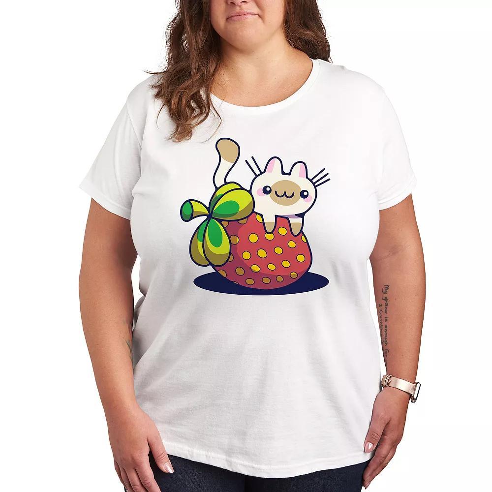 Plus Cat On Strawberry Graphic Tee, Womens Grey Gray Product Image