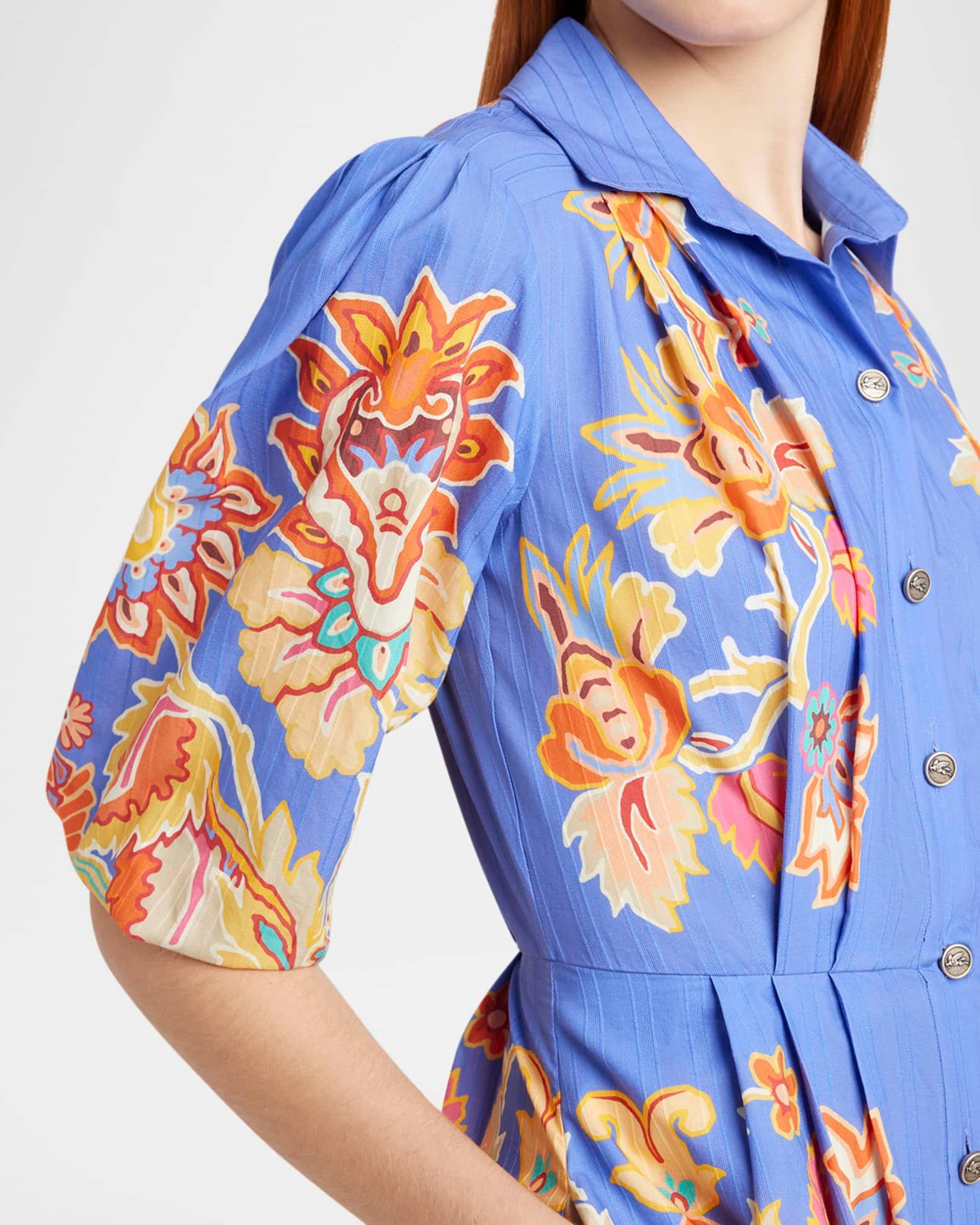 Pleated Blue Bouquet Puff-Sleeve Shirtdress Product Image