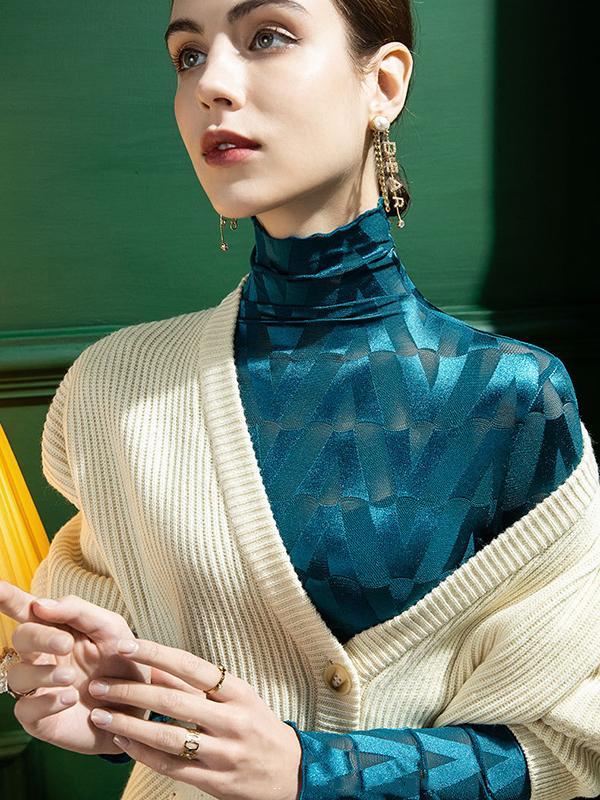Stylish Skinny Long Sleeves Embroidered Split-Joint Checkered High-Neck T-Shirts Tops Product Image