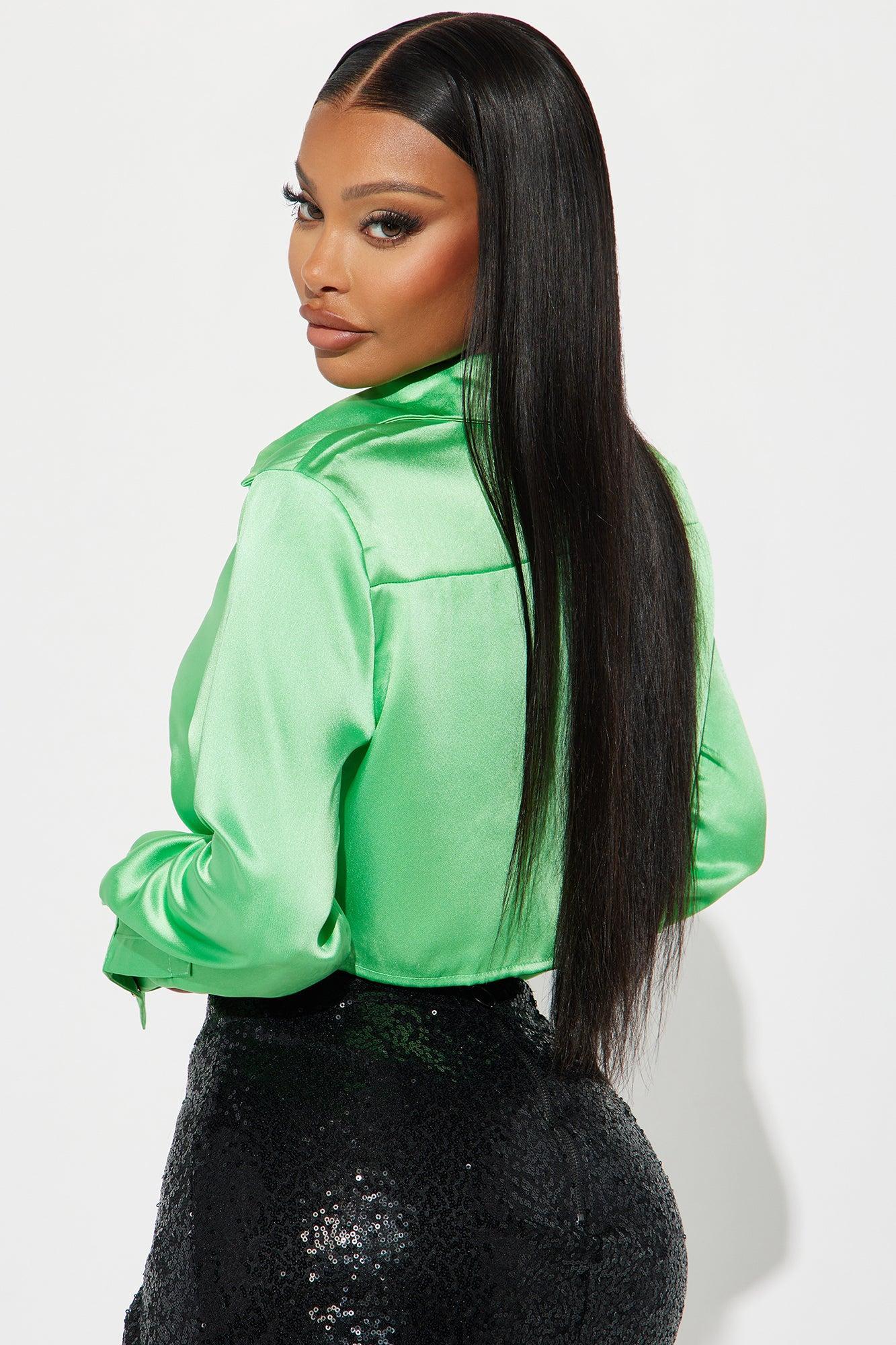 On My Own Cropped Satin Shirt - Green Product Image