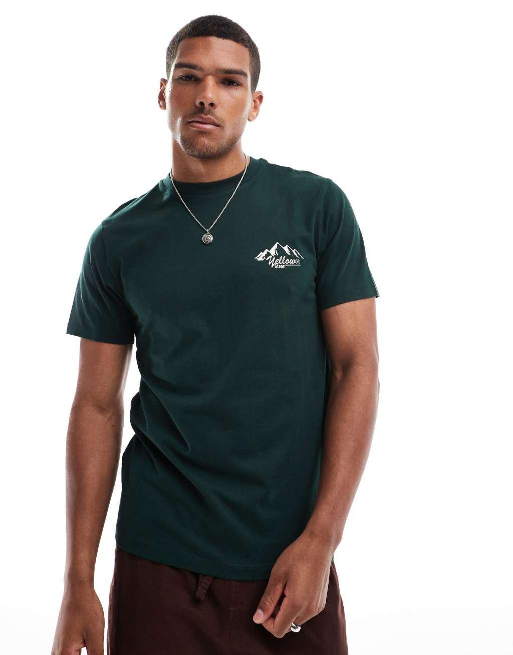 ASOS DESIGN T-shirt in dark green with chest mountain print Product Image