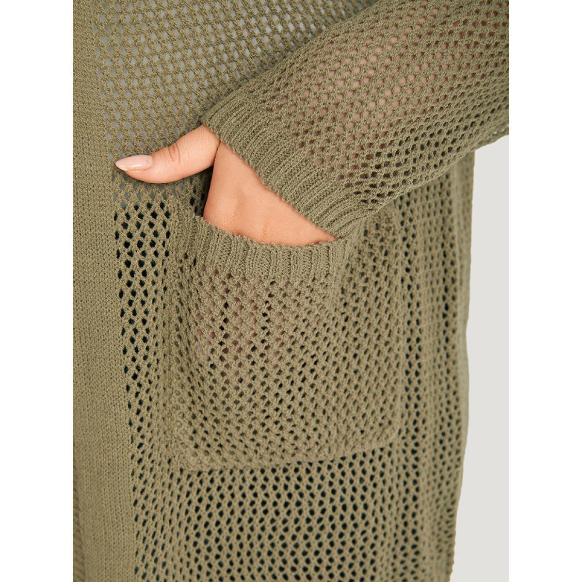 Plus Size Solid Patched Pocket Open Front Patchwork Cardigan Olive Women Casual Loose Long Sleeve Everyday Cardigans BloomChic 28/5X Product Image
