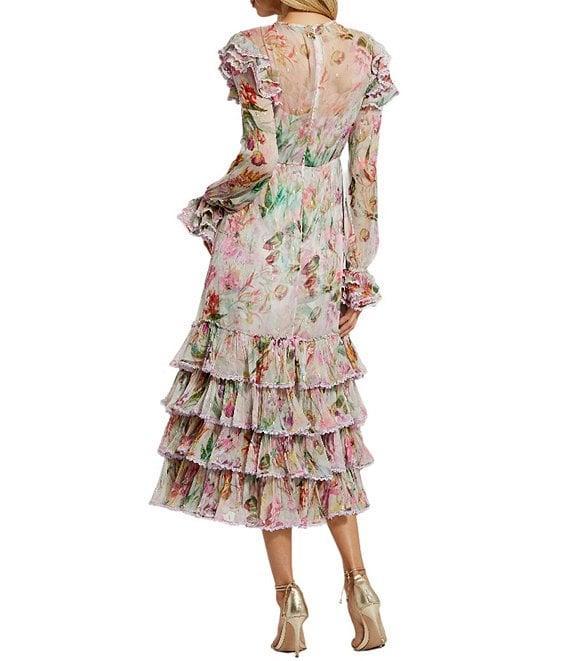 Mac Duggal Keyhole Tie Neck Long Sleeve Tiered Ruffle Printed Chiffon Midi Dress Product Image