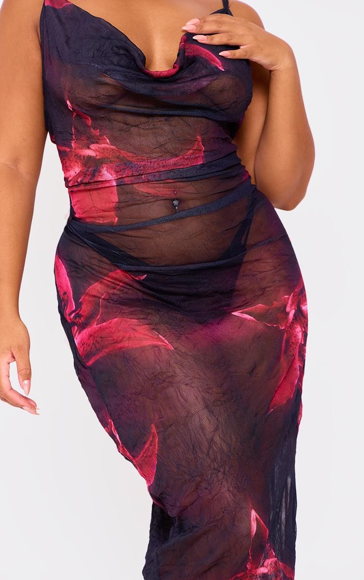 Plus Dark Purple Large Floral Print Crinkle Mesh Cowl Neck Midi Dress Product Image
