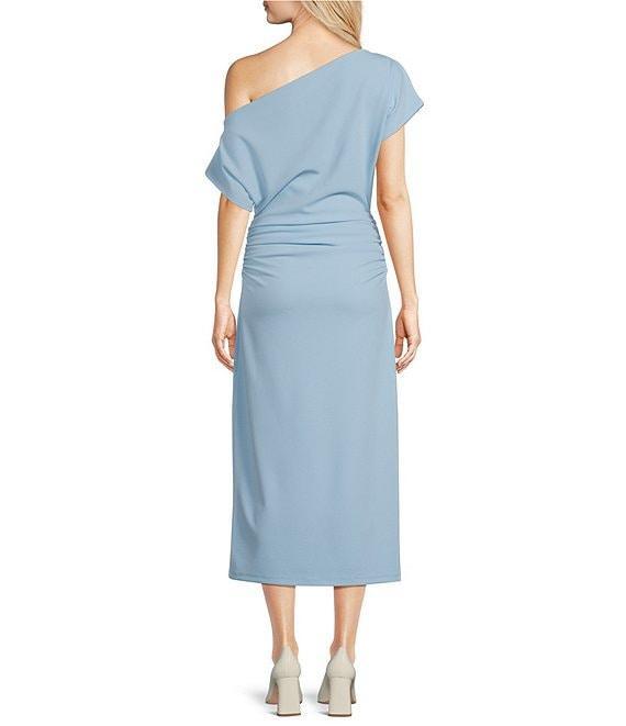 Gibson  Latimer Crepe Knit Asymmetric Neck One Shoulder Off-the-Shoulder Short Sleeve Ruched Sheath Midi Dress Product Image