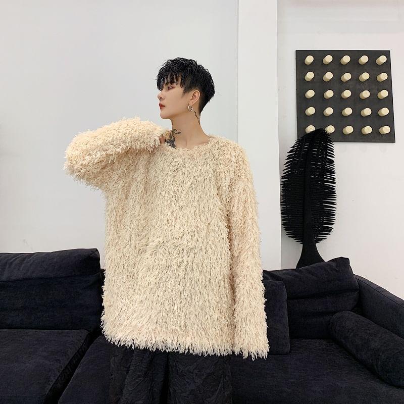 Round Neck Plain Fringe Sweater Product Image