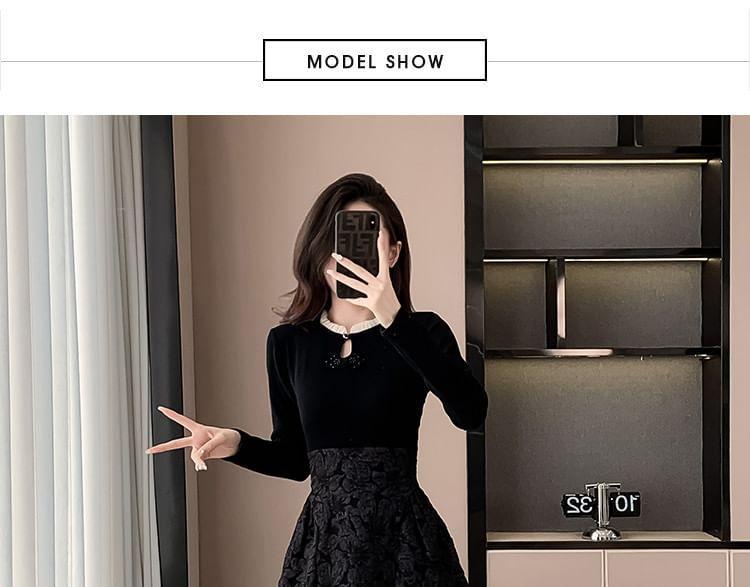 Long-Sleeve Crewneck Jacquard Knit A-Line Dress Product Image