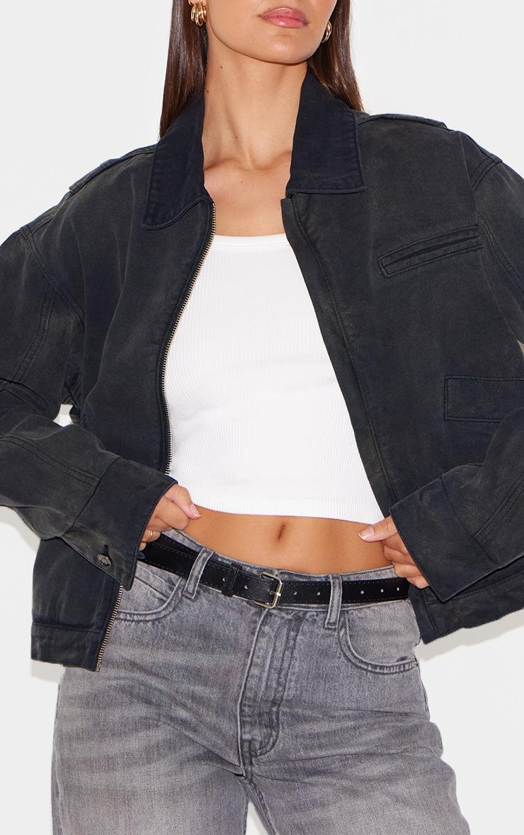 Washed Black Boxy Seam Detail Denim Carpenter Jacket Product Image