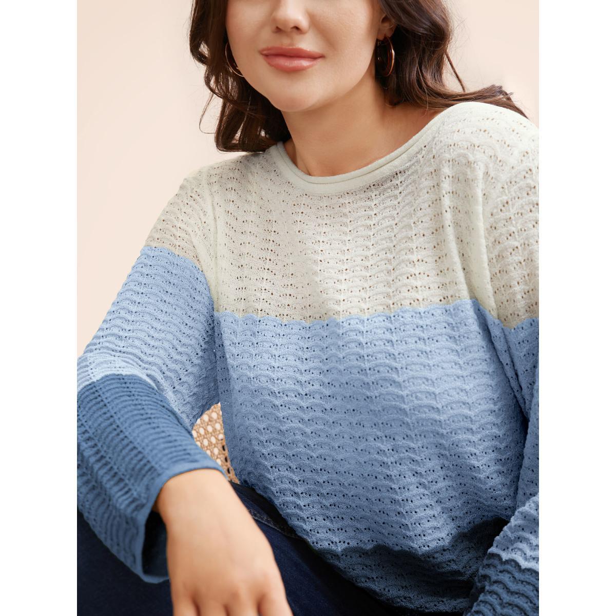Plus Size Color Contrast Boat Neck Lightweight Pullover Skyblue Women Casual Loose Long Sleeve Boat Neck Everyday Pullovers BloomChic 22-24/3X Product Image
