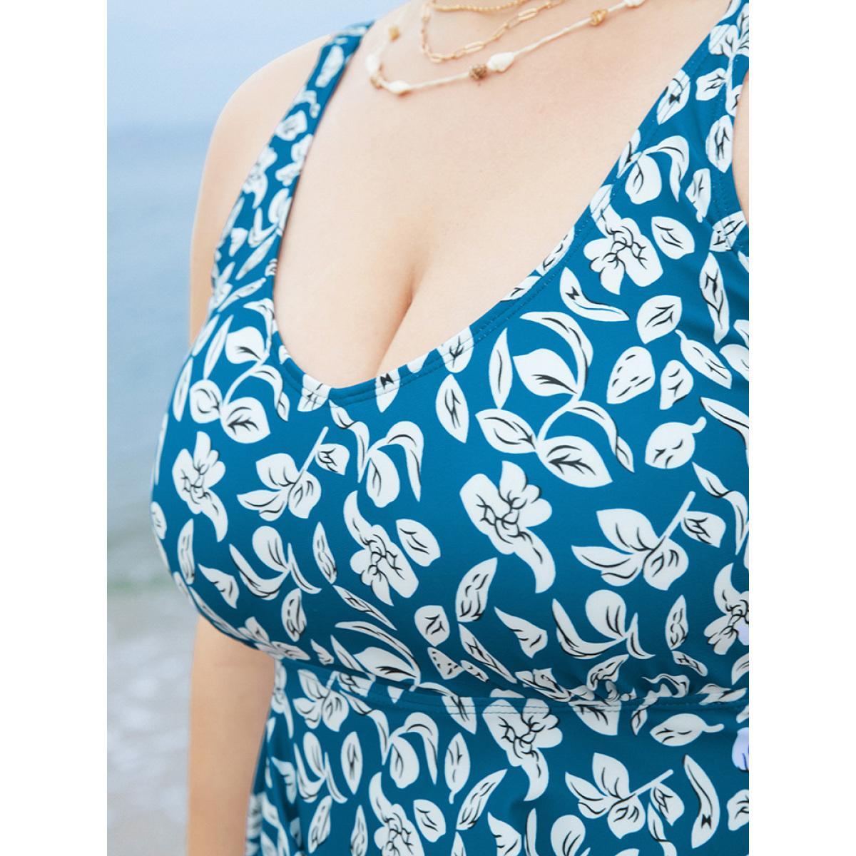 Plus Size Plant Print Asymmetrical Hem Adjustable Straps Tankini Top Women's Swimwear Cerulean Vacation Adjustable Straps High stretch Bodycon V-neck Curve Swim Tops BloomChic 12/L Product Image