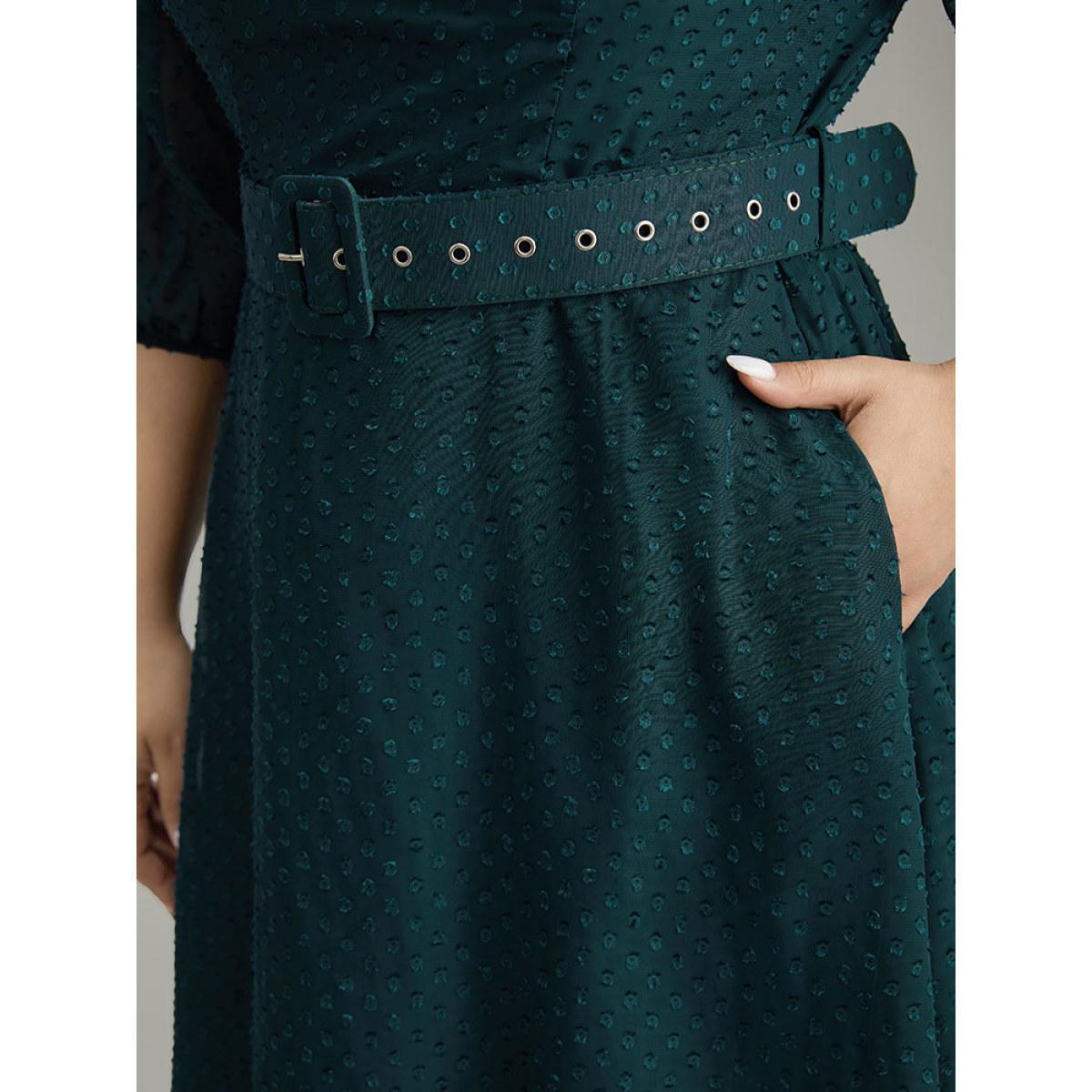 Plus Size Solid Texture Pocket Belted Mesh Patchwork Dress Aegean Women Glamour Elastic cuffs V-neck Elbow-length sleeve Curvy Midi Dress BloomChic 12/L Product Image