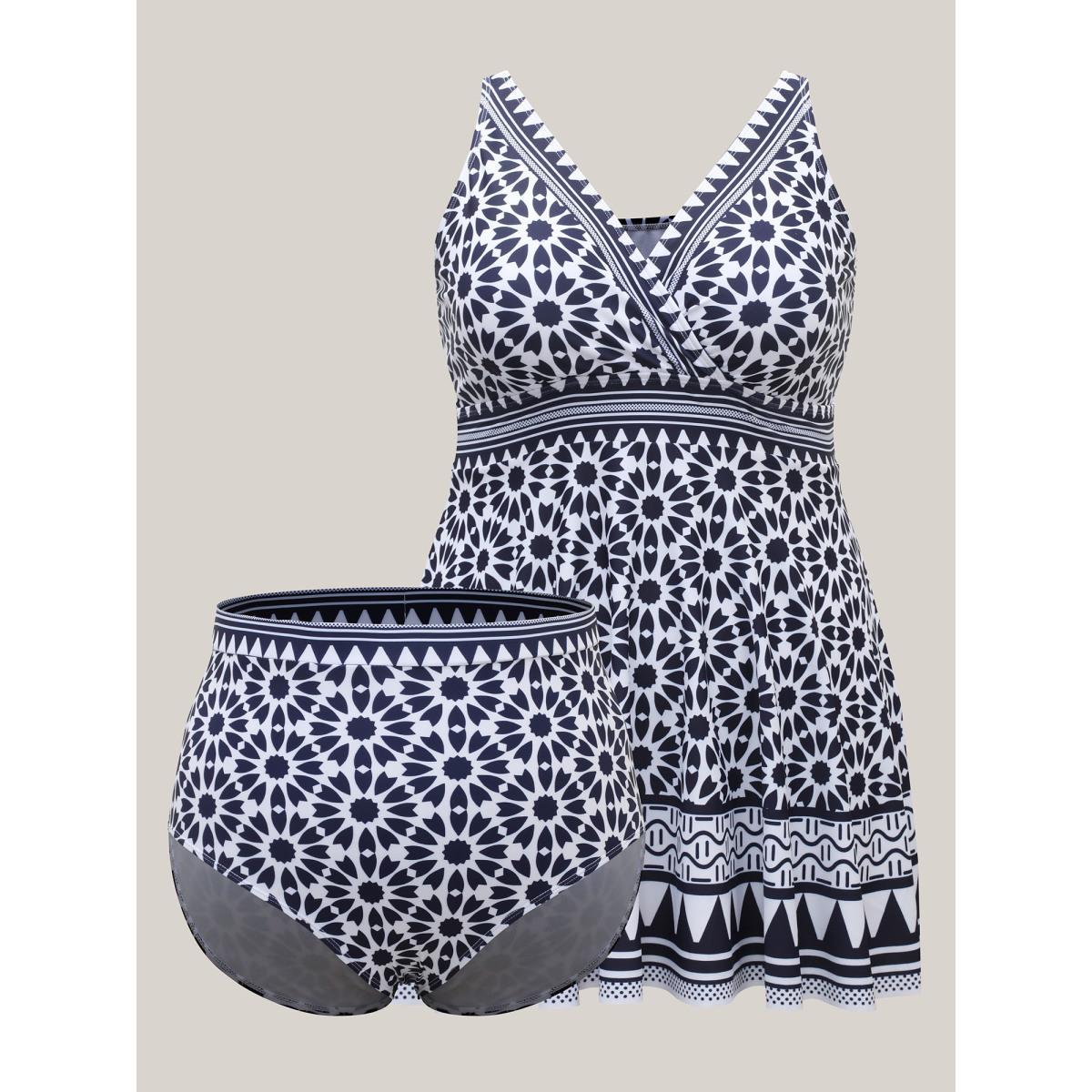 Plus Size Geometric Print Surplice Neck Swim Dress Women's Swimwear Indigo Beach Bodycon Overlap Collar High stretch Curve Swim Dresses BloomChic 18-20/2X Product Image