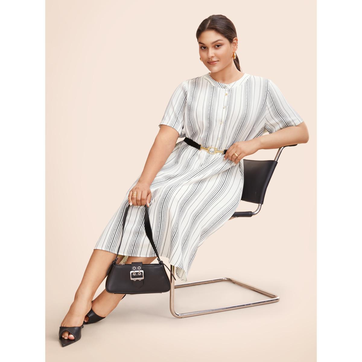 Plus Size Round Neck Striped Button Up Midi Dress WhiteSmoke Women At the Office Button Round Neck Short sleeve Curvy BloomChic 18-20/2X Product Image