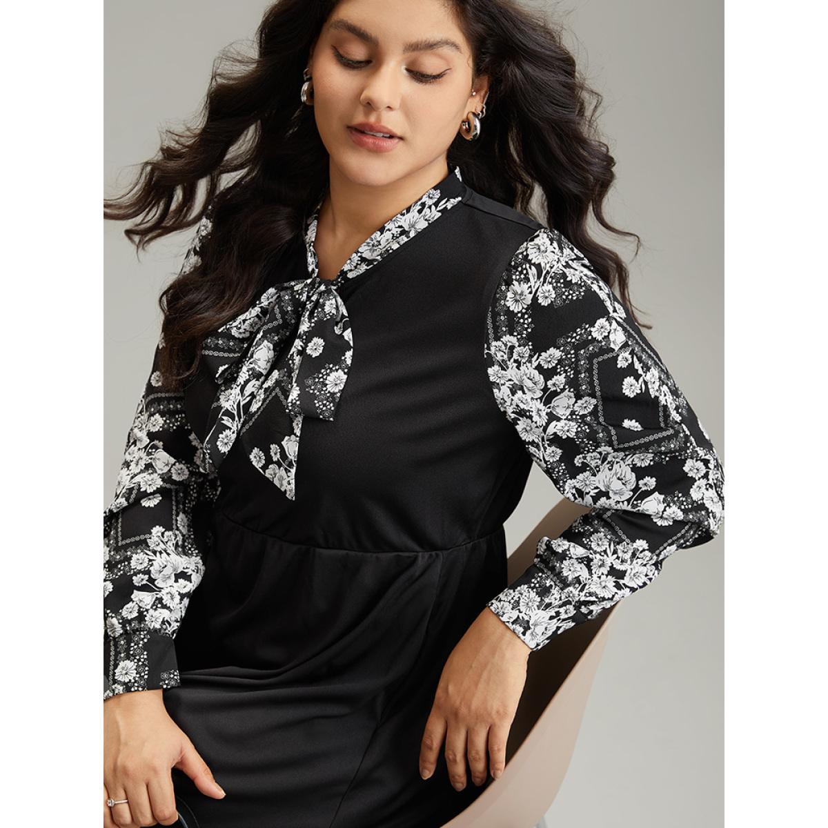 Plus Size Geo Graphic Knot Neck Patchwork Elastic Waist Dress Black Women Office Gathered Tie Neck Long Sleeve Curvy Midi Dress BloomChic 22-24/3X Product Image
