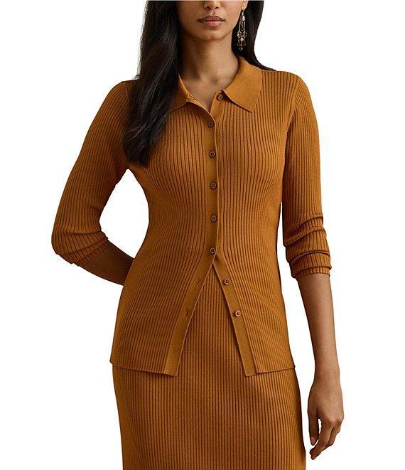 Lauren Ralph Lauren Ribbed Knit Point Collar Long Sleeve Polo Top Product Image