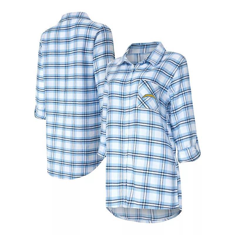 Women's Concepts Sport Powder Blue Los Angeles Chargers Sienna Plaid Full-Button Long Sleeve Nightshirt, Size: XL, Light Product Image
