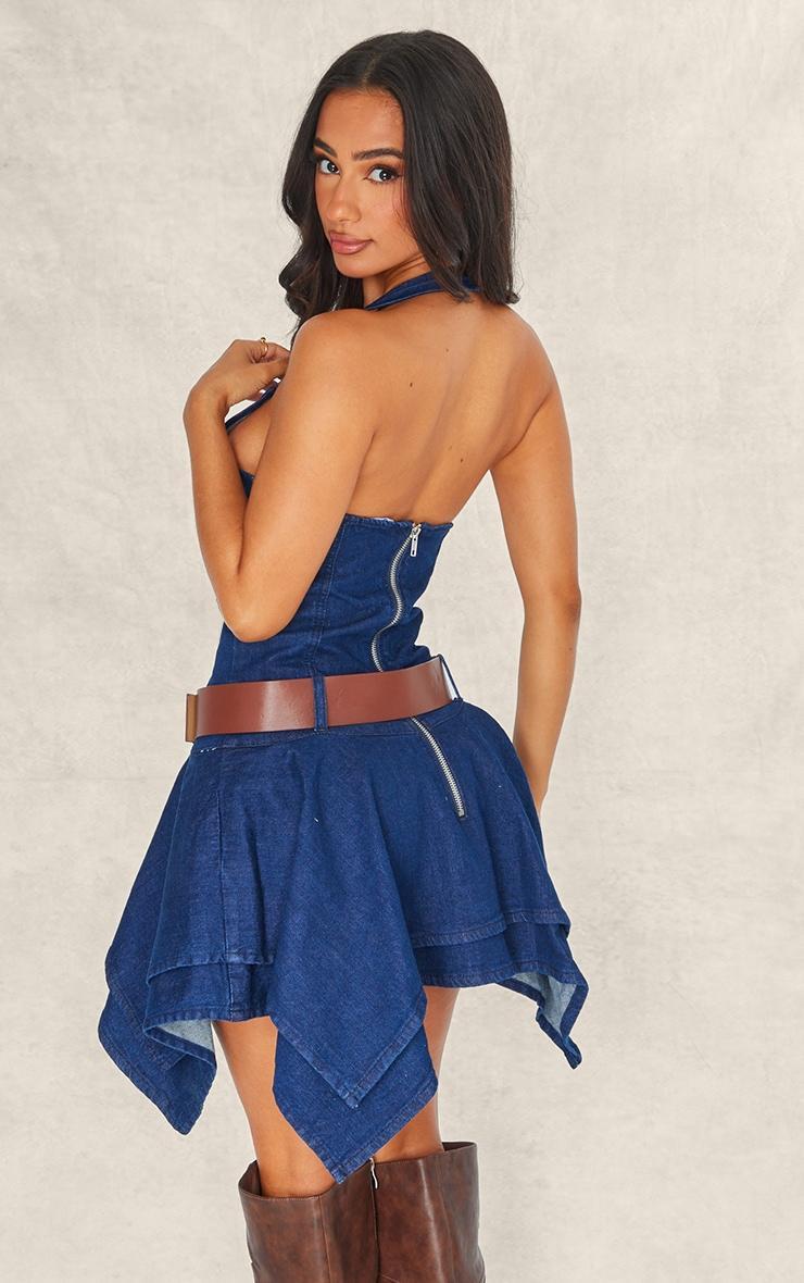 Petite Dark Blue Denim Halterneck Fitted Mini Dress Product Image