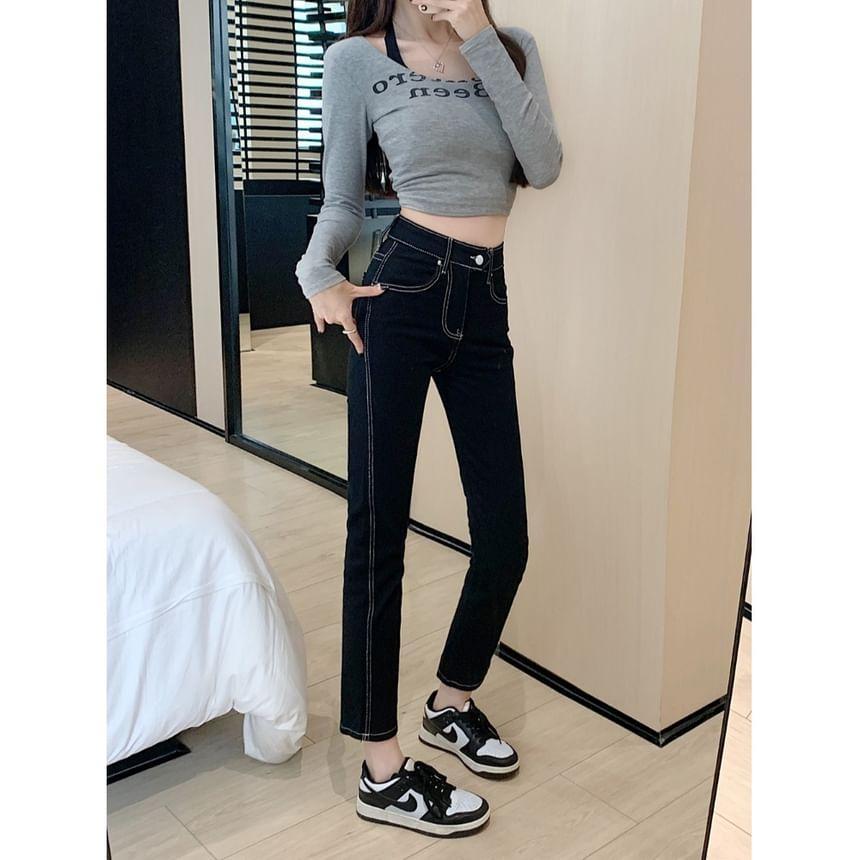 High Rise Contrast Stitching Cropped Skinny Jeans Product Image