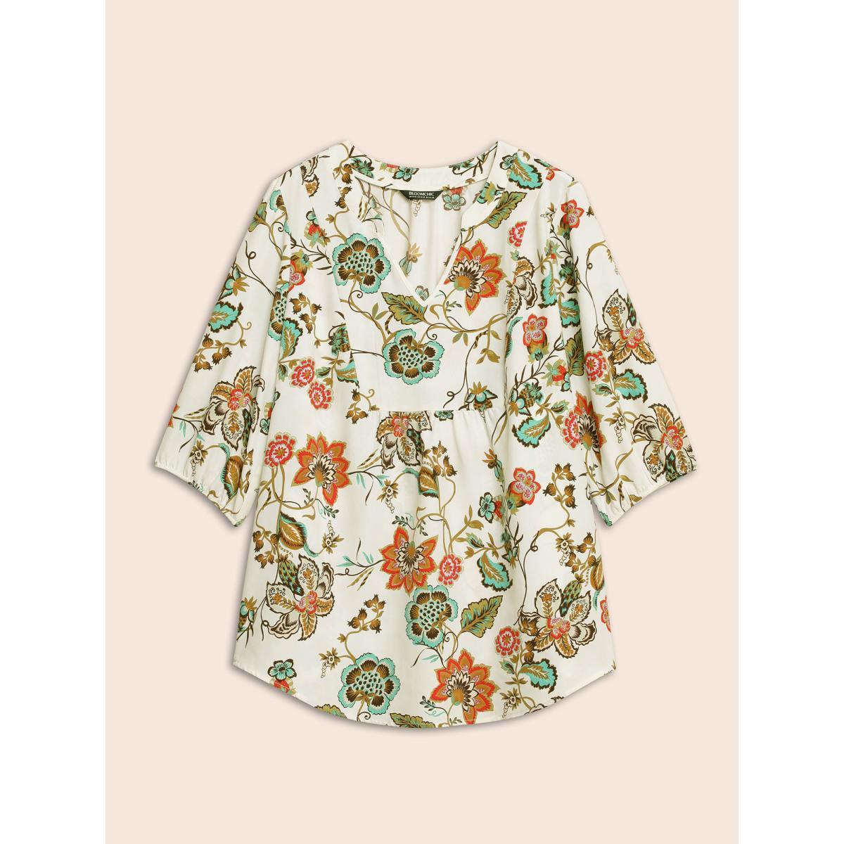 Plus Size WhiteSmoke Bandana Floral Pocket Lantern Sleeve Blouse Women Elegant Elbow-length sleeve V-neck Everyday Blouses BloomChic 18-20/2X Product Image