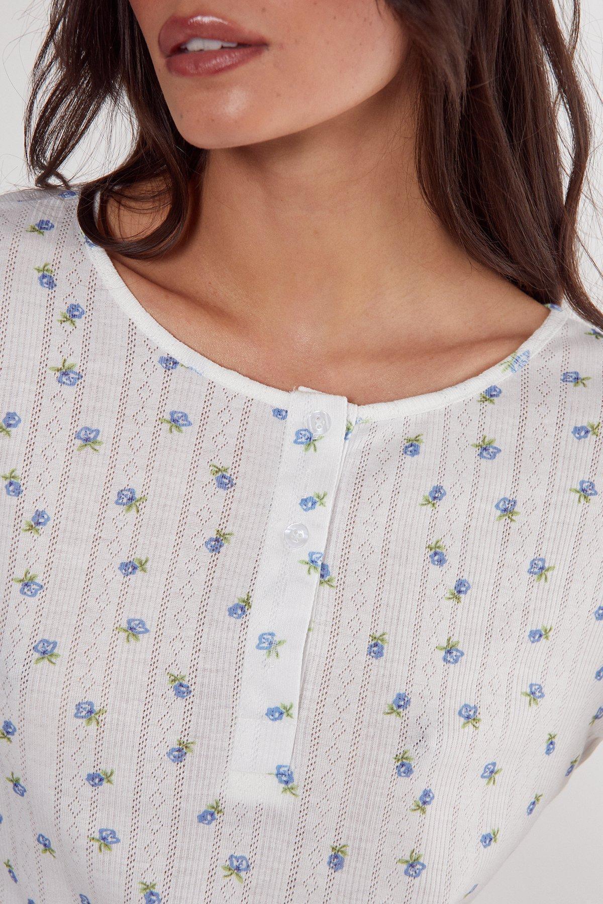 Pointelle Ditsy Floral Long Sleeve Top and Short Pajama Set  Product Image