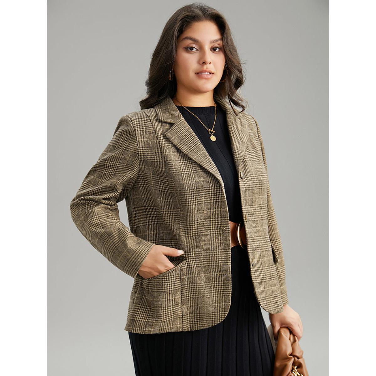 Plus Size Houndstooth Suit Collar Flap Pocket Button Up Blazer Tan Women Dailywear Houndstooth Contrast Sleeve Long Sleeve Suit Collar 30/6X Pocket Casual Blazers BloomChic Product Image