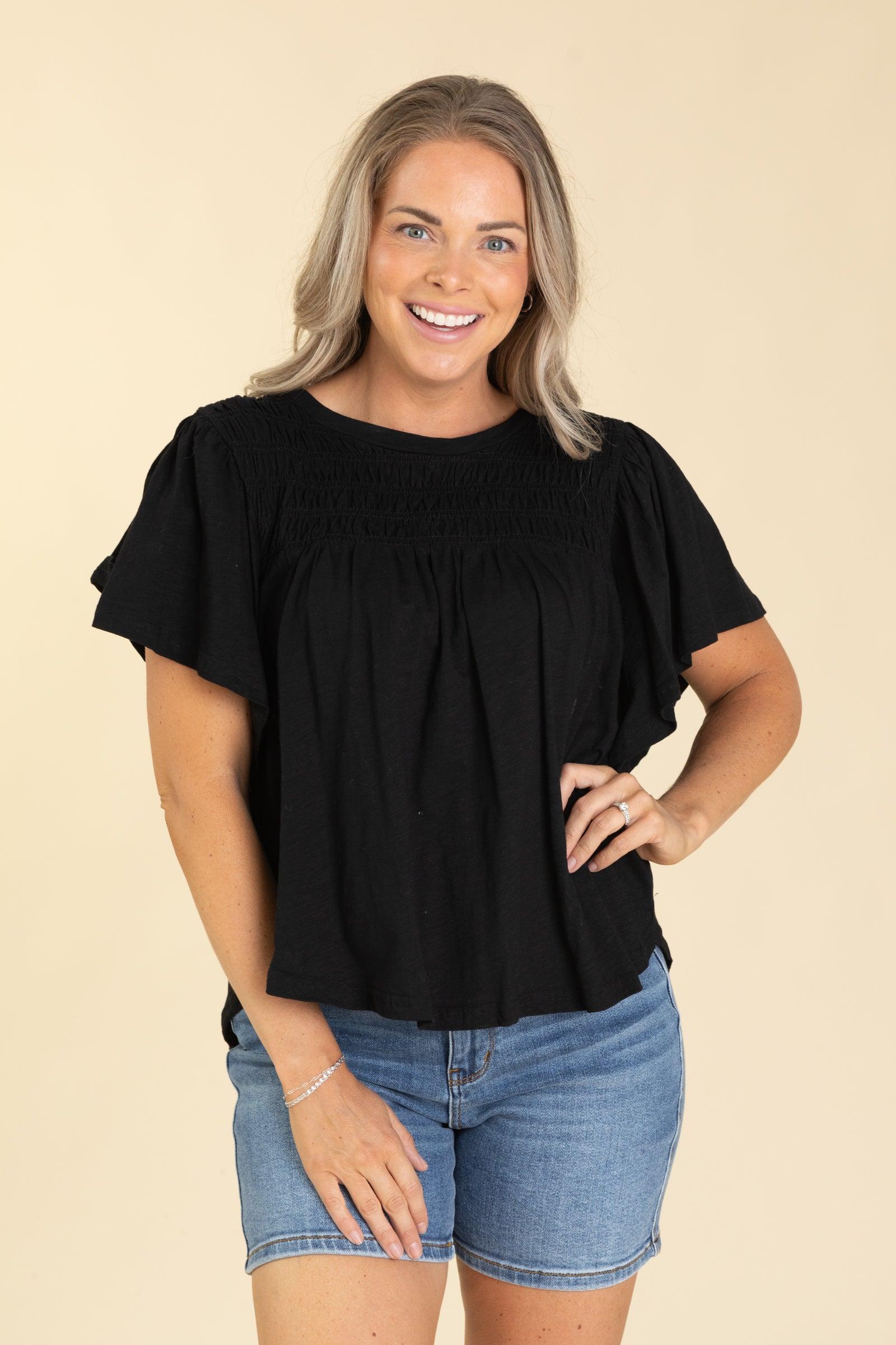 Black Smocking Detail Flutter Sleeve Knit Top Product Image