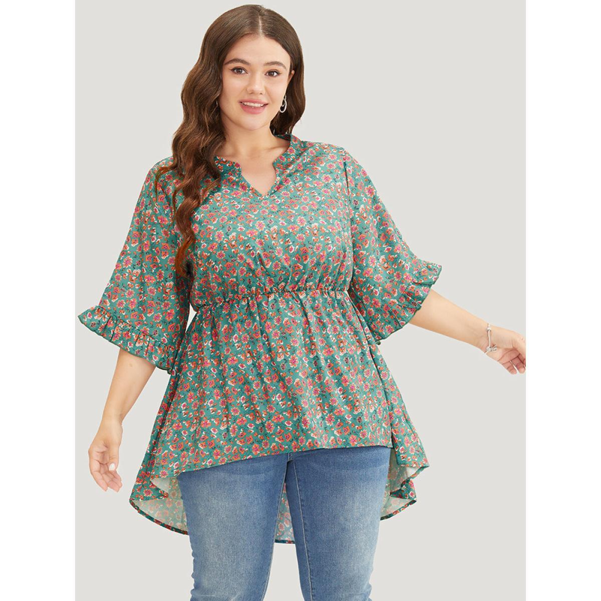 Plus Size Emerald Ditsy Floral Ruffle Sleeve Notched High Low Hem Blouse Women Elegant Short sleeve Notched collar Dailywear Blouses BloomChic 30/6X Product Image