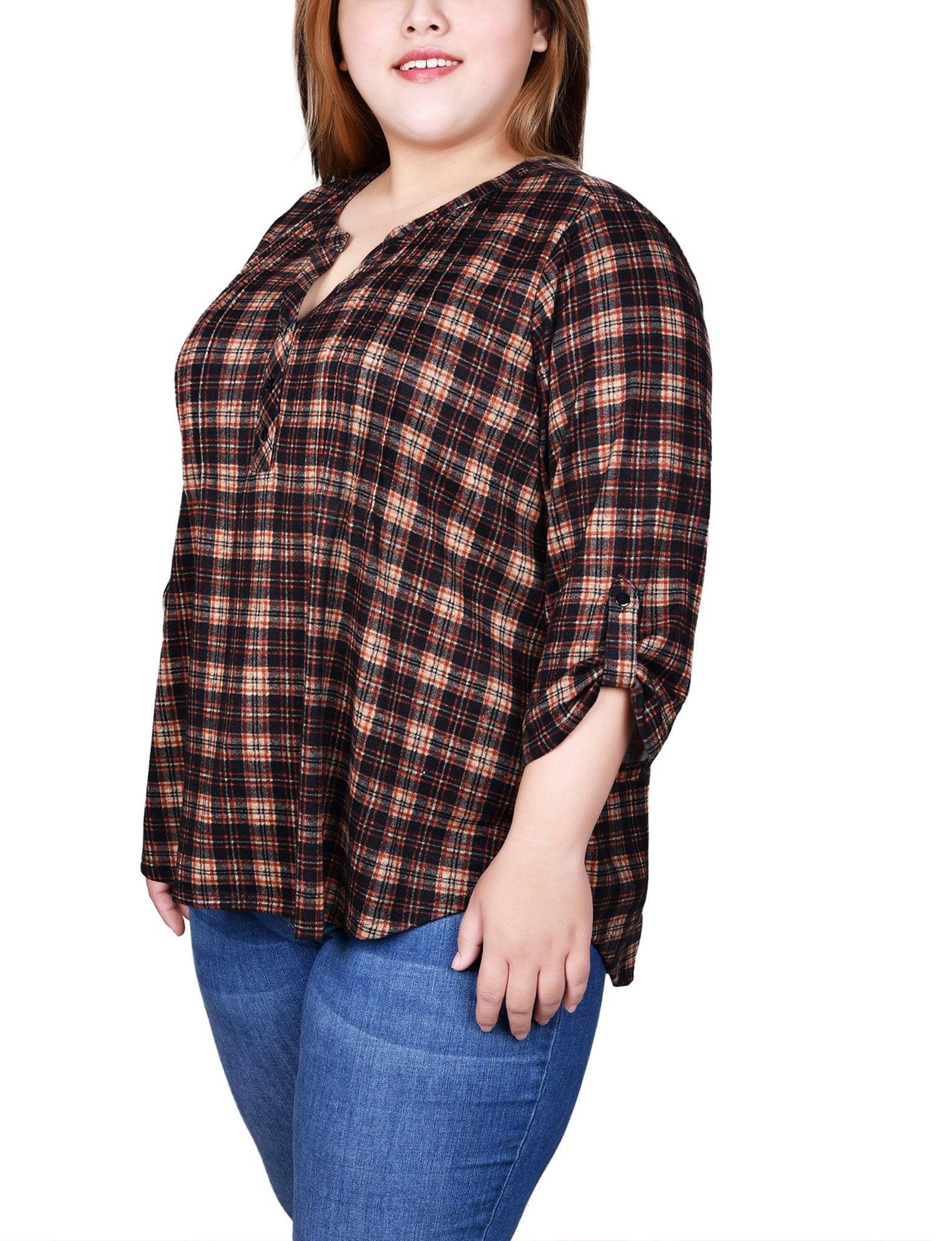 Nude Black Plaid 3/4 Sleeve Blouse With Necklace - Petite Product Image