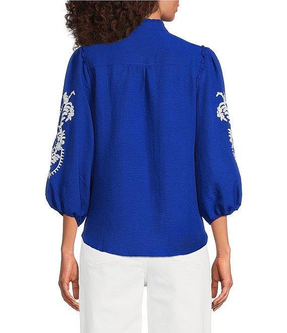 Calessa Embroidered Split V-Neck 3/4 Sleeve Button Front Tunic Product Image